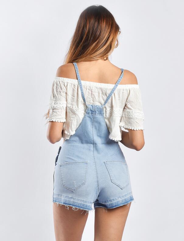 SZ60208 High Waisted Solid Denim Romper Shorts in Light Blue